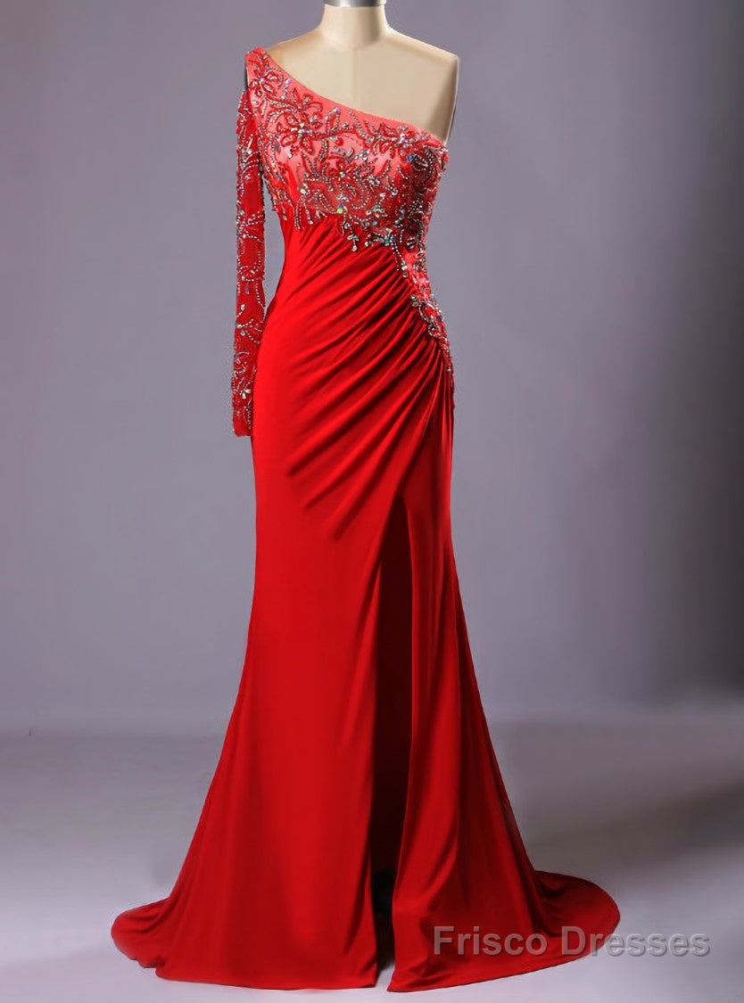 Red Bling One Shoulder Beads Crystal Vestido Para Formatura Longo Sexy Dress Main image