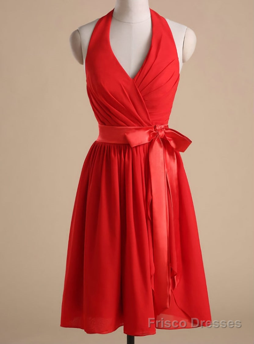 Red Chiffon Halter Homecoming Dress Cocktail Dresses Bow Accent Waist Main image