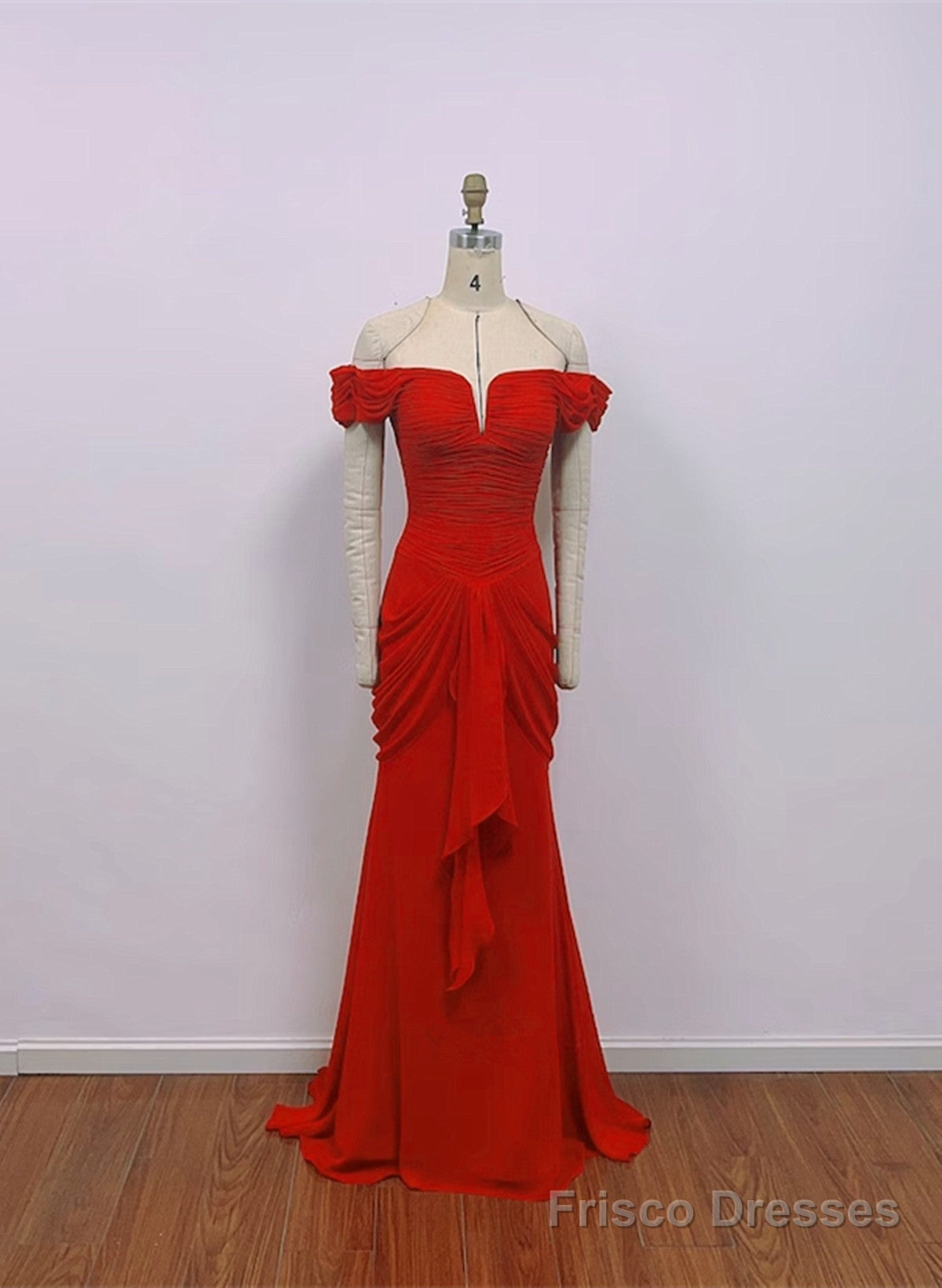 Red Chiffon Mermaid Off Shoulder Wedding Party Dress, Red Long Formal Dress Main image