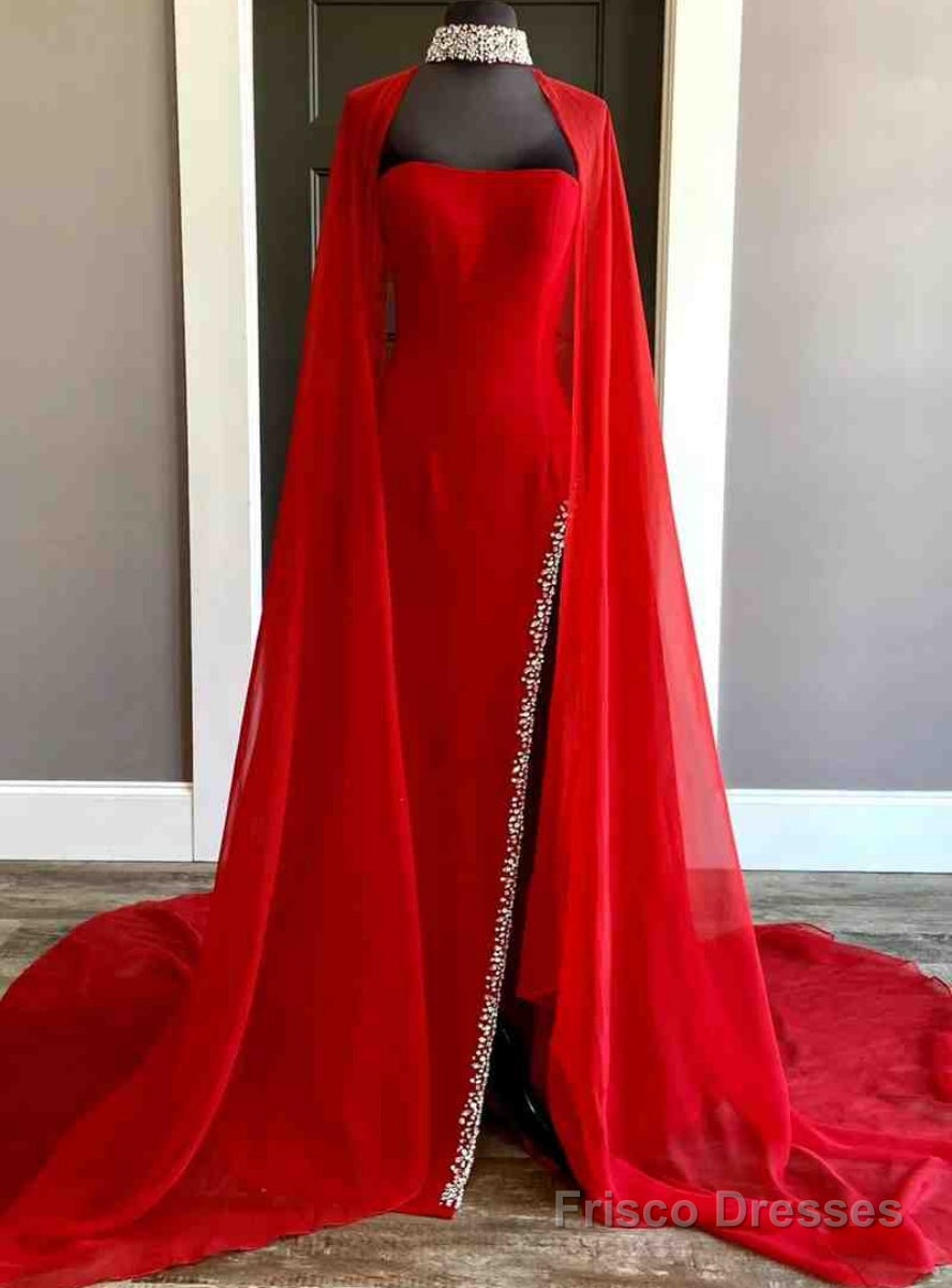 Red Chiffon Side Slit Beading Prom Dress With Cape Main image
