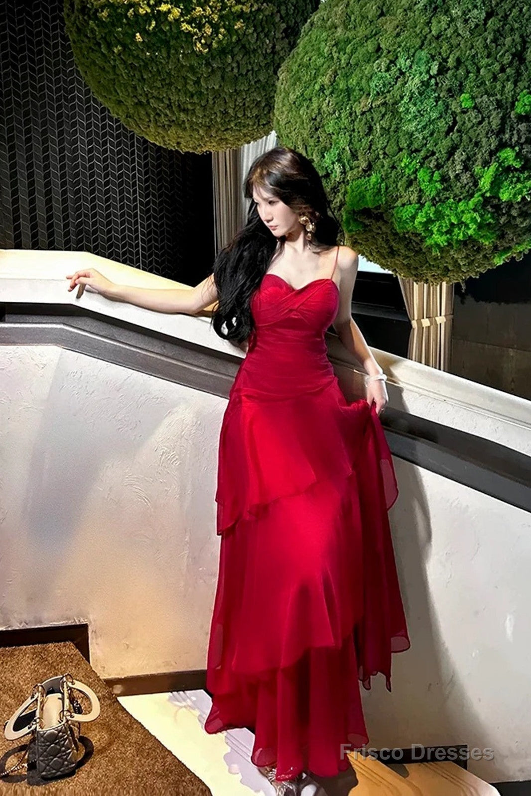 Red Chiffon Sweetheart Sheath Spaghetti Straps Party Dress, Red Layers Prom Dress