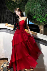 Red Chiffon Sweetheart Sheath Spaghetti Straps Party Dress, Red Layers Prom Dress