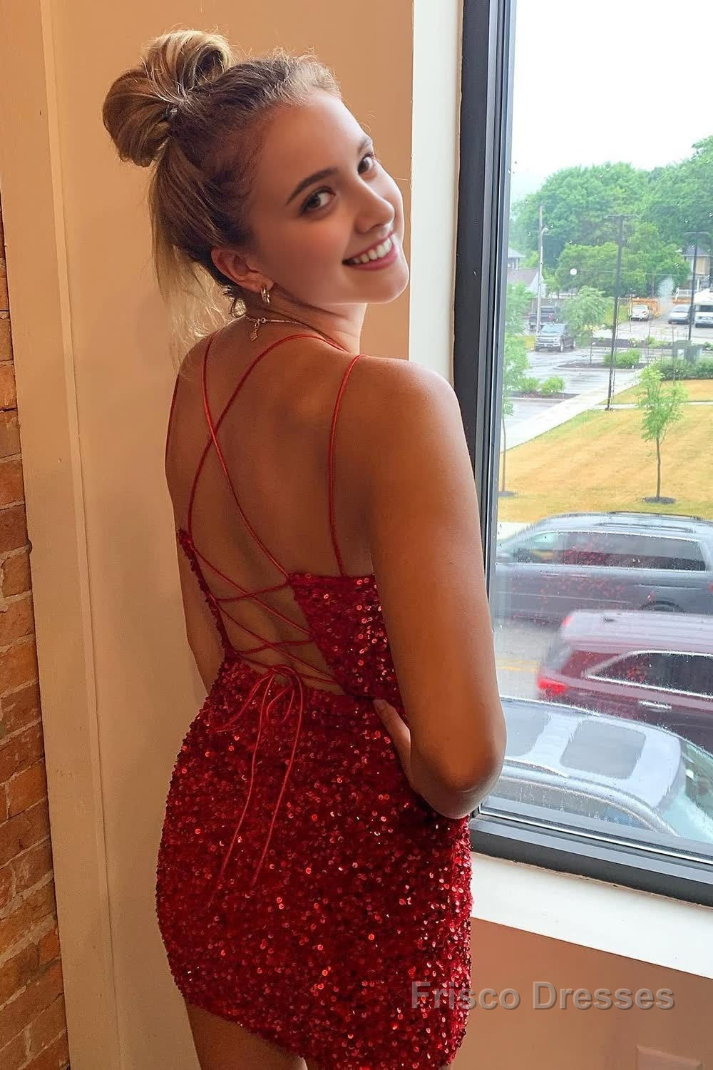 Red Criss-Cross Straps Sequins Tight Short Hoco Dress Main image