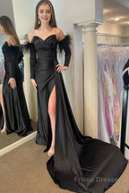 Red Detachable Long Sleeves Long Prom Dress with Feathers