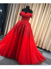 Red Gorgeous Sweetheart Off Shoulder Lace Applique Ball Gown Prom Dress, Red Evening Dress Party Dress