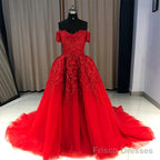 Red Gorgeous Sweetheart Off Shoulder Lace Applique Ball Gown Prom Dress, Red Evening Dress Party Dress