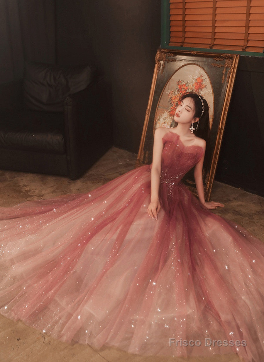 Red Gradient Beaded Beautiful Shiny Tulle Prom Dress, Long A-Line Formal Dress Main image