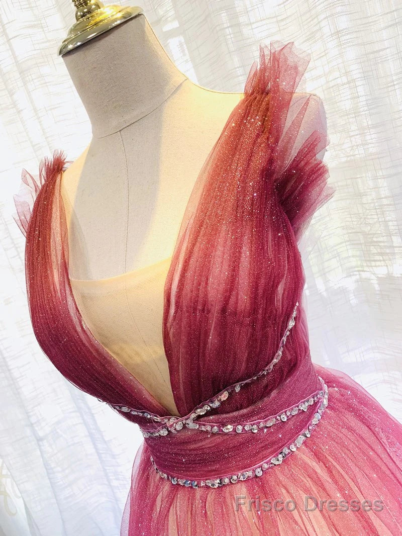 Red Gradient Tulle Beaded Long Party Dress Formal Dress, V-neckline Party Dresses Secondary image