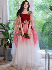 Red Gradient Tulle With Flowers Long Wedding Party Dress, Red Formal Dress