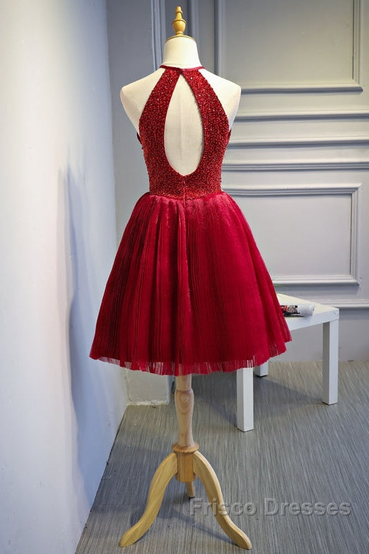 Red Halter Beaded Short Party Dress, Beaded And Sequined Party Dress, Homecoming Dress