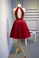 Red Halter Beaded Short Party Dress, Beaded And Sequined Party Dress, Homecoming Dresses