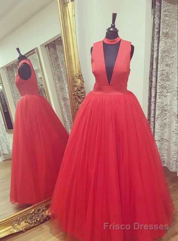 Red Halter Deep V-neck Tulle Floor Length Prom Dress Main image