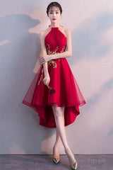 Red High Low Halter Stylish Formal Dress, Cute Party Dresses
