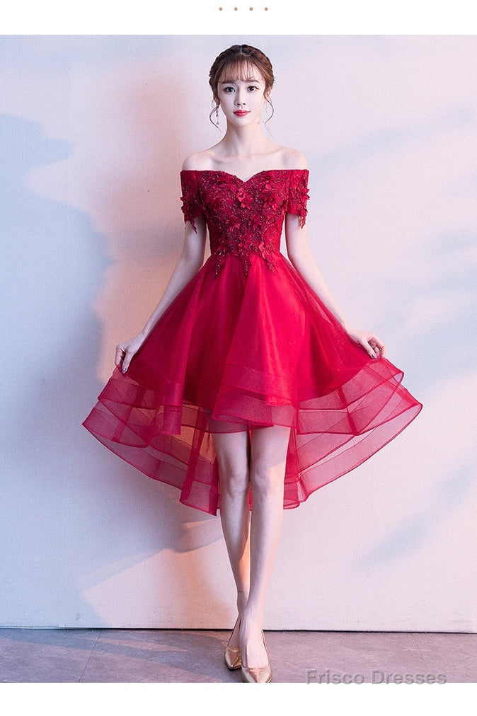Red High Low Lace Flowers Tulle Off Shoulder Party Dress, Red Party Dress Formal Dresses Secondary image
