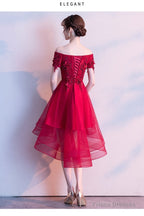 Red High Low Lace Flowers Tulle Off Shoulder Party Dress, Red Party Dress Formal Dresses