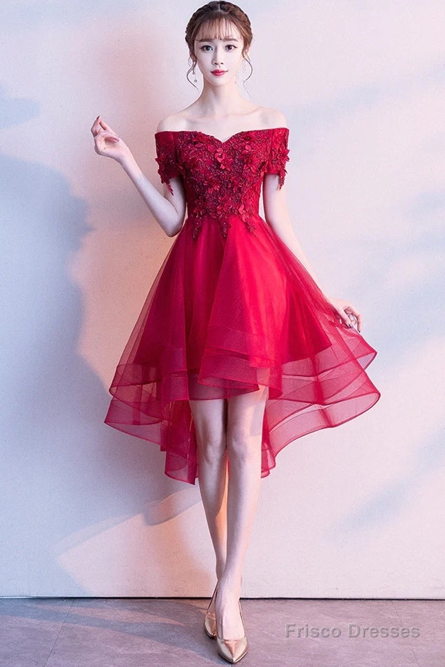 Red High Low Lace Flowers Tulle Off Shoulder Party Dress, Red Party Dress Formal Dresses Main image