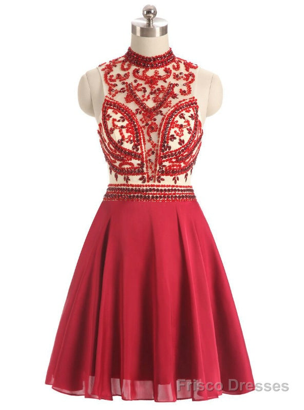 Red High Neck Chiffon Beading Crystal Homecoming Dress Main image