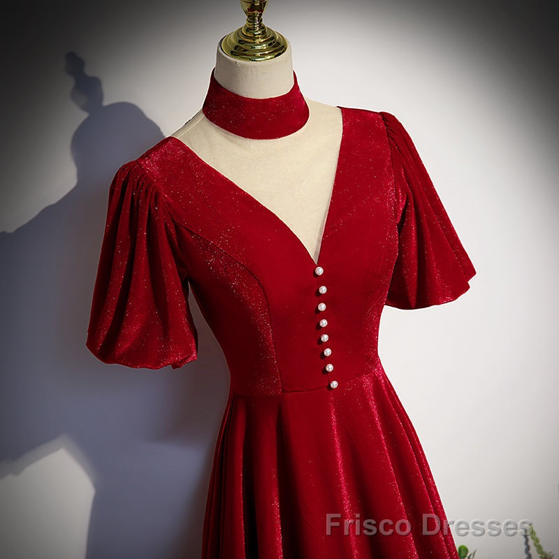 Red High Neckline Velvet Long Party Dress, Red Short Sleeves Velvet Prom Dress