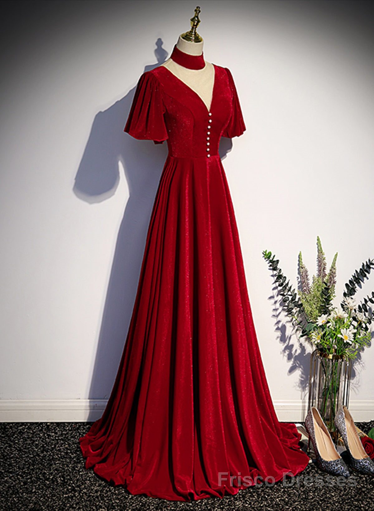 Red High Neckline Velvet Long Party Dress, Red Short Sleeves Velvet Prom Dress Main image