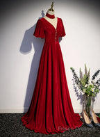 Red High Neckline Velvet Long Party Dress, Red Short Sleeves Velvet Prom Dress