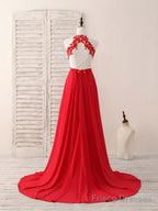 Red Hight Neck Chiffon Lace Applique Long Prom Dress, Red Formal Dress
