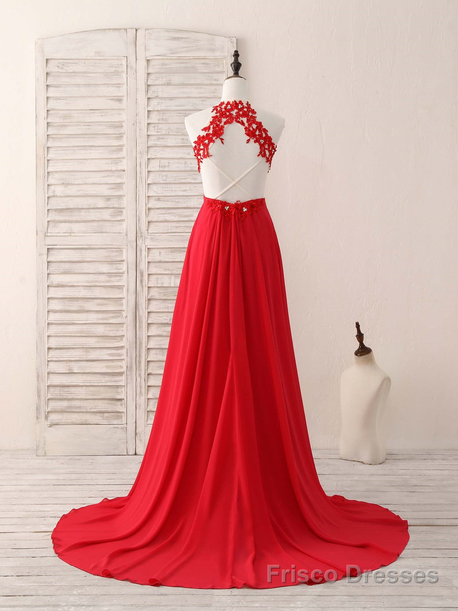 Red Hight Neck Chiffon Lace Applique Long Prom Dress, Red Formal Dress