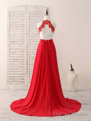 Red Hight Neck Chiffon Lace Applique Long Prom Dress, Red Formal Dress