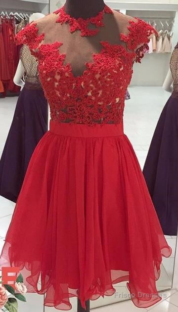 Red Homecoming Dresses With Lace Appliques Beaded High Collar Graduation Party Gowns Main image