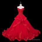 Red Lace and Tulle Gorgeous Off Shoulder Princess Sweet 16 Dress, Red Formal Gown