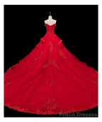 Red Lace and Tulle Gorgeous Off Shoulder Princess Sweet 16 Dress, Red Formal Gown
