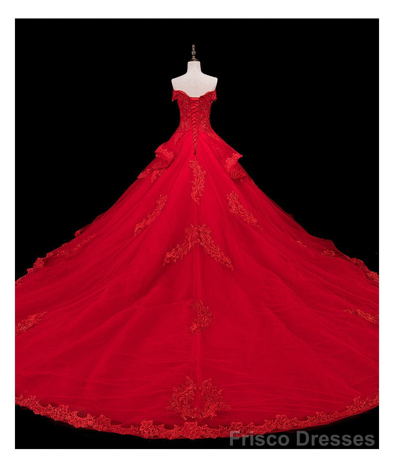 Red Lace and Tulle Gorgeous Off Shoulder Princess Sweet 16 Dress, Red Formal Gown