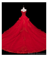 Red Lace and Tulle Gorgeous Off Shoulder Princess Sweet 16 Dress, Red Formal Gown