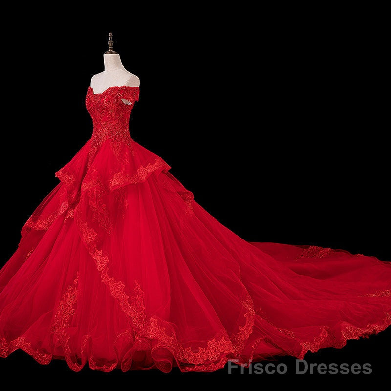 Red Lace and Tulle Gorgeous Off Shoulder Princess Sweet 16 Dress, Red Formal Gown Main image