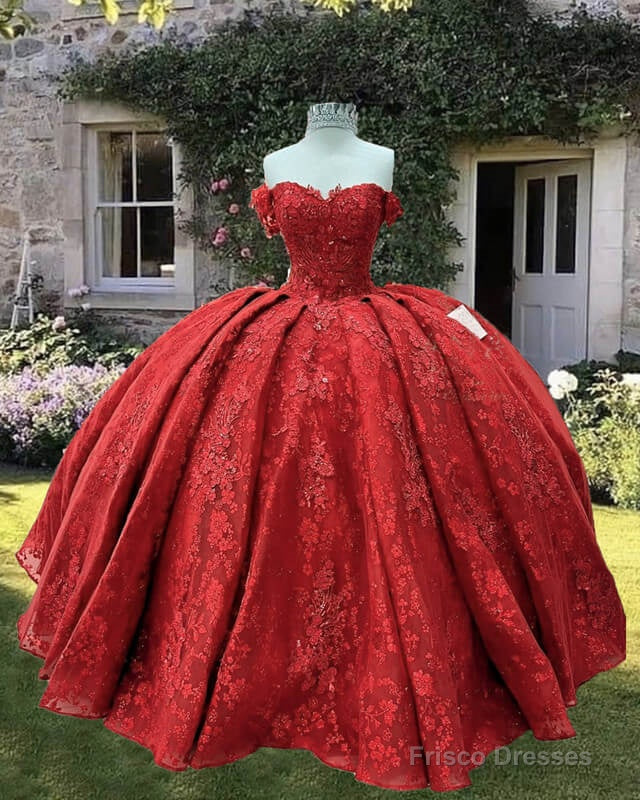 Red Lace Embrodiery Ball Gown Off Shoulder Dress Main image
