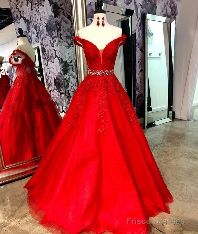 Red Lace Formal Prom Dresses Tulle Off Shoulder Long Beaded Evening Dress Main image
