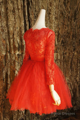 Red Lace Long Prom Dress Red Tulle Lace Short Prom Dress