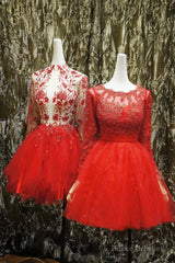 Red Lace Long Prom Dress Red Tulle Lace Short Prom Dress