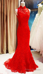 Red Lace Mermaid Long Formal Gown, Red Bridesmaid Dress
