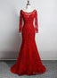 Red Lace Mermaid Long Sleeves Evening Gown, Red Lace Wedding Party Dress