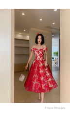 Red Lace Off Shoulder Tea Length Bridesmaid Dress, Lace Party Dress Prom Dress