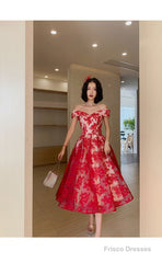 Red Lace Off Shoulder Tea Length Bridesmaid Dress, Lace Party Dress Prom Dress