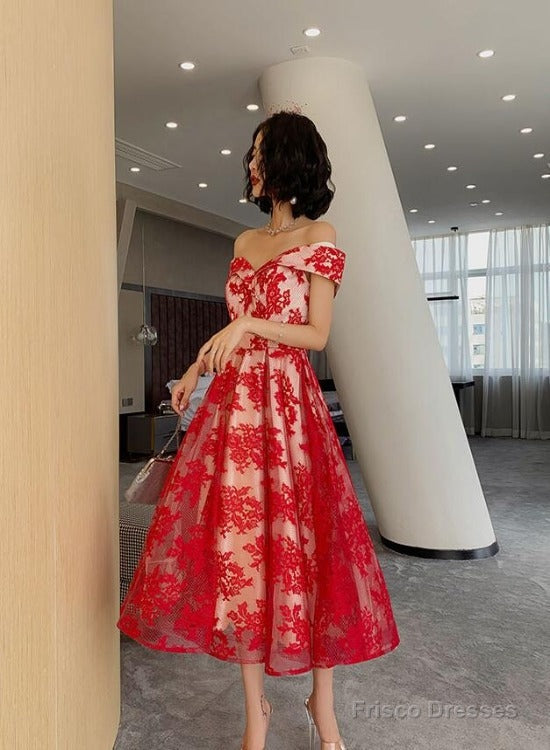 Red Lace Off Shoulder Tea Length Bridesmaid Dress, Lace Party Dress Prom Dress Main image