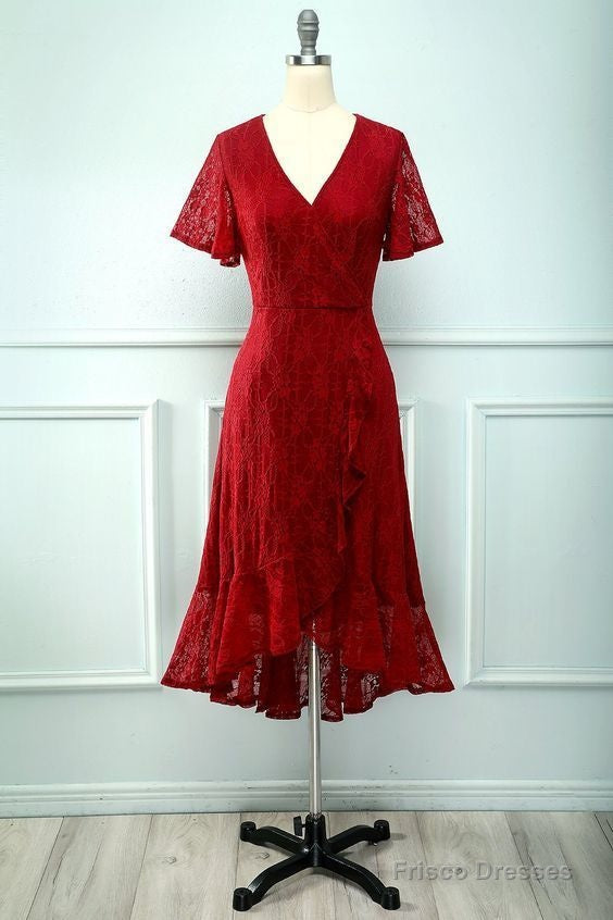 Red Lace Party Dress , Charming Short Homecoming Dresses