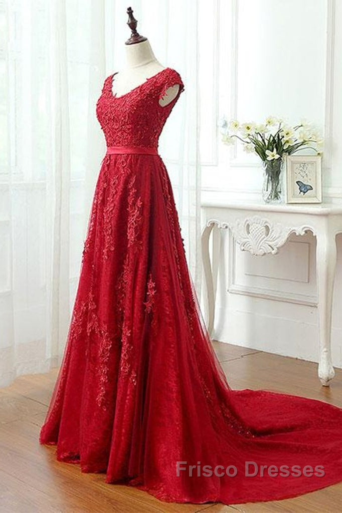 Red Lace Formal Prom Dress Cap Sleeves Formal Dress, Evening Dress, Dance Dress