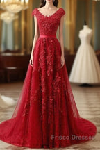 Red Lace Formal Prom Dress Cap Sleeves Formal Dress, Evening Dress, Dance Dress