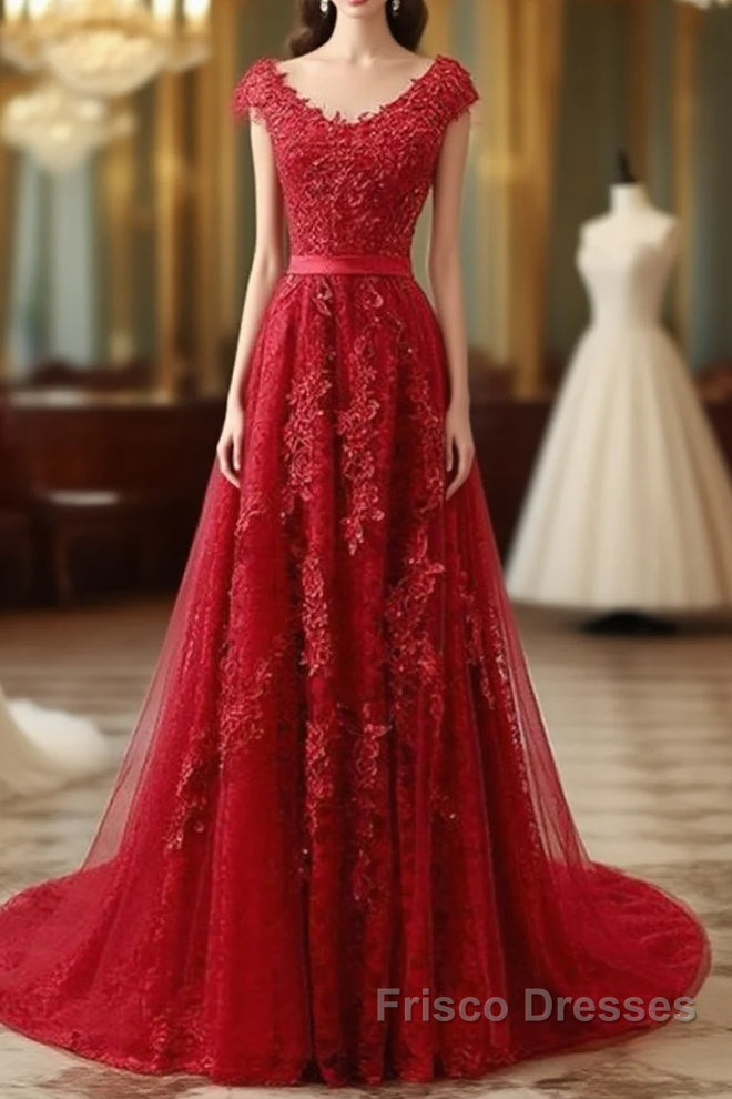 Red Lace Formal Prom Dress Cap Sleeves Formal Dress, Evening Dress, Dance Dress