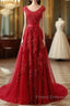 Red Lace Formal Prom Dress Cap Sleeves Formal Dress, Evening Dress, Dance Dress