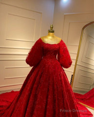 Red Lace Puffy Sleeve Ball Gown Dress