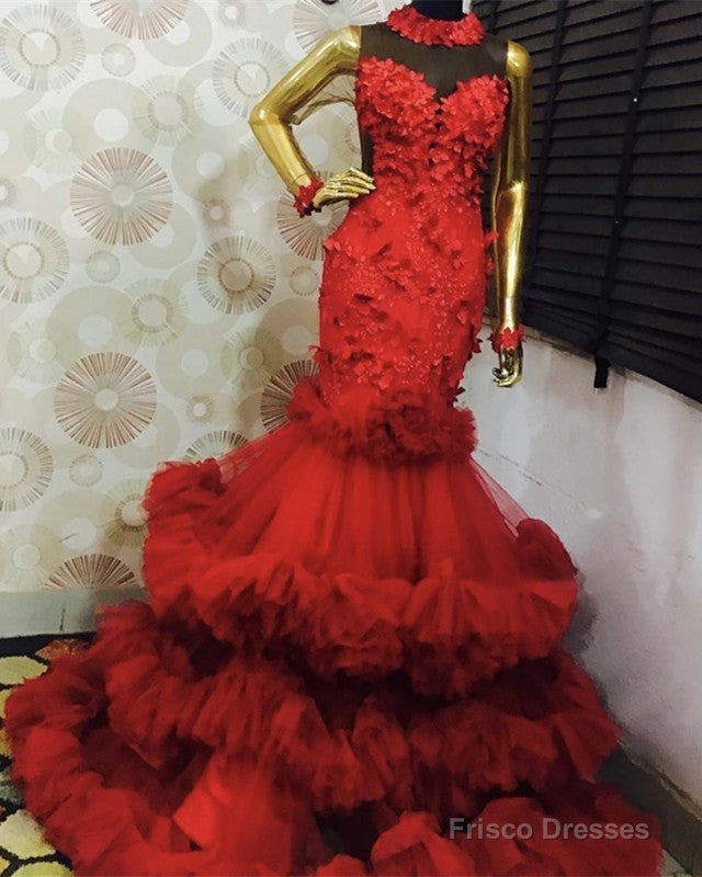 Red Layered Appliques Mermaid Prom Dresses Main image