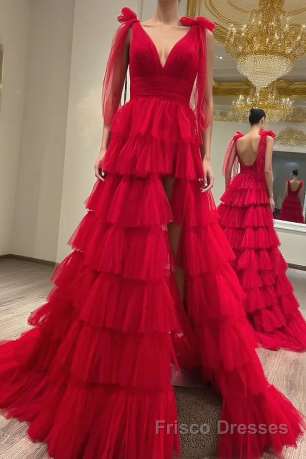 Red Long Formal Prom Dresses Princess A Line V Neck Party Evening Dresses with Ruffles Main image
